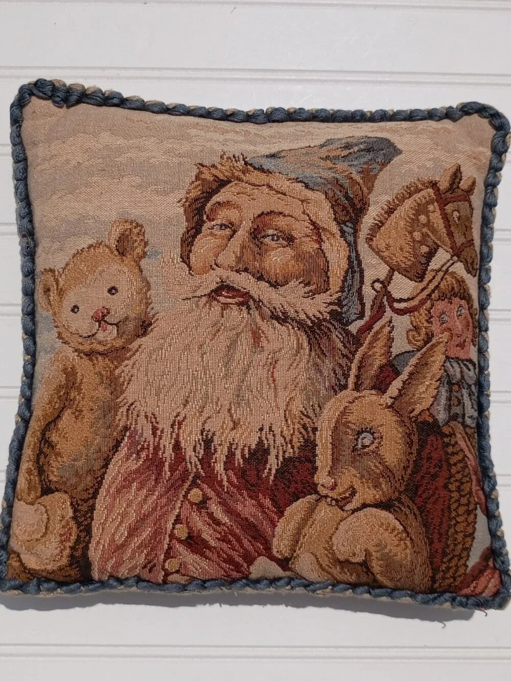Vintage Tapestry Throw Pillow Santa Claus Old World Christmas Decor Folk Art Vtg